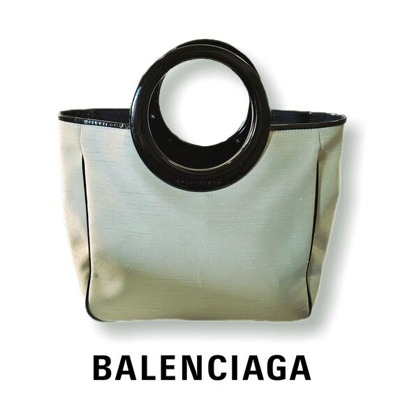 Balenciaga (Authentic) Mint Green Satin Shantung & Black Mod Style Hand Bag VGUC - Picture 1 of 11